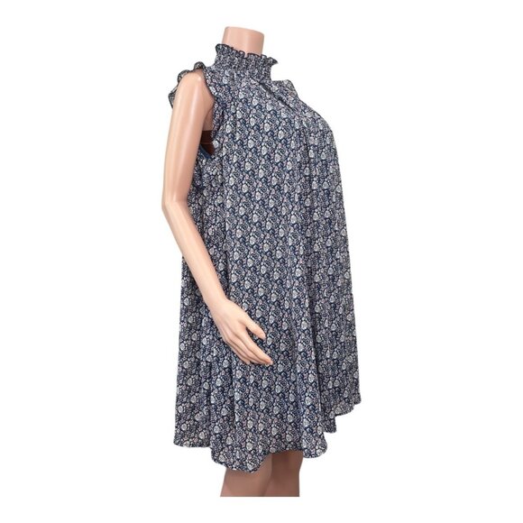 CODExMODE Women SZ M Navy Blue Floral A Line Knee Lenght Dress High Neck Chiffon - Picture 3 of 15